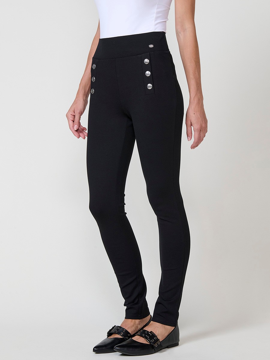 Leggings negros de mujer push up, tiro medio, cintura elástica y botones joya decorativos en el frontal.