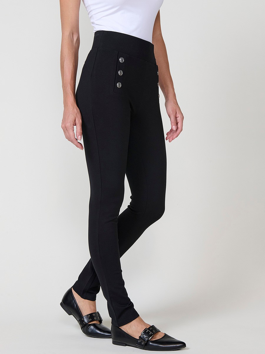 Leggings negros de mujer push up, tiro medio, cintura elástica y botones joya decorativos en el frontal.