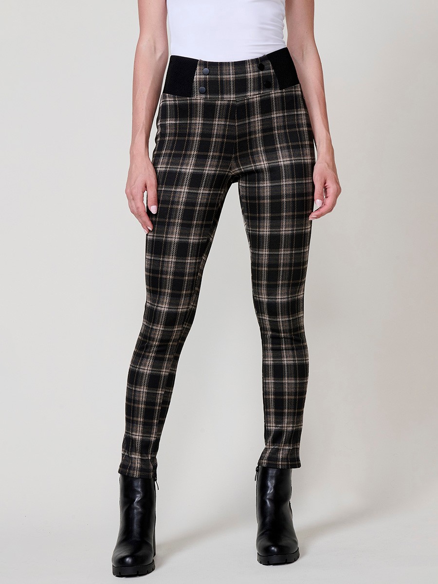 Leggings de mujer en jacquard de cuadros, tiro medio, cintura ancha con goma y detalle de botones decorativos frontales.