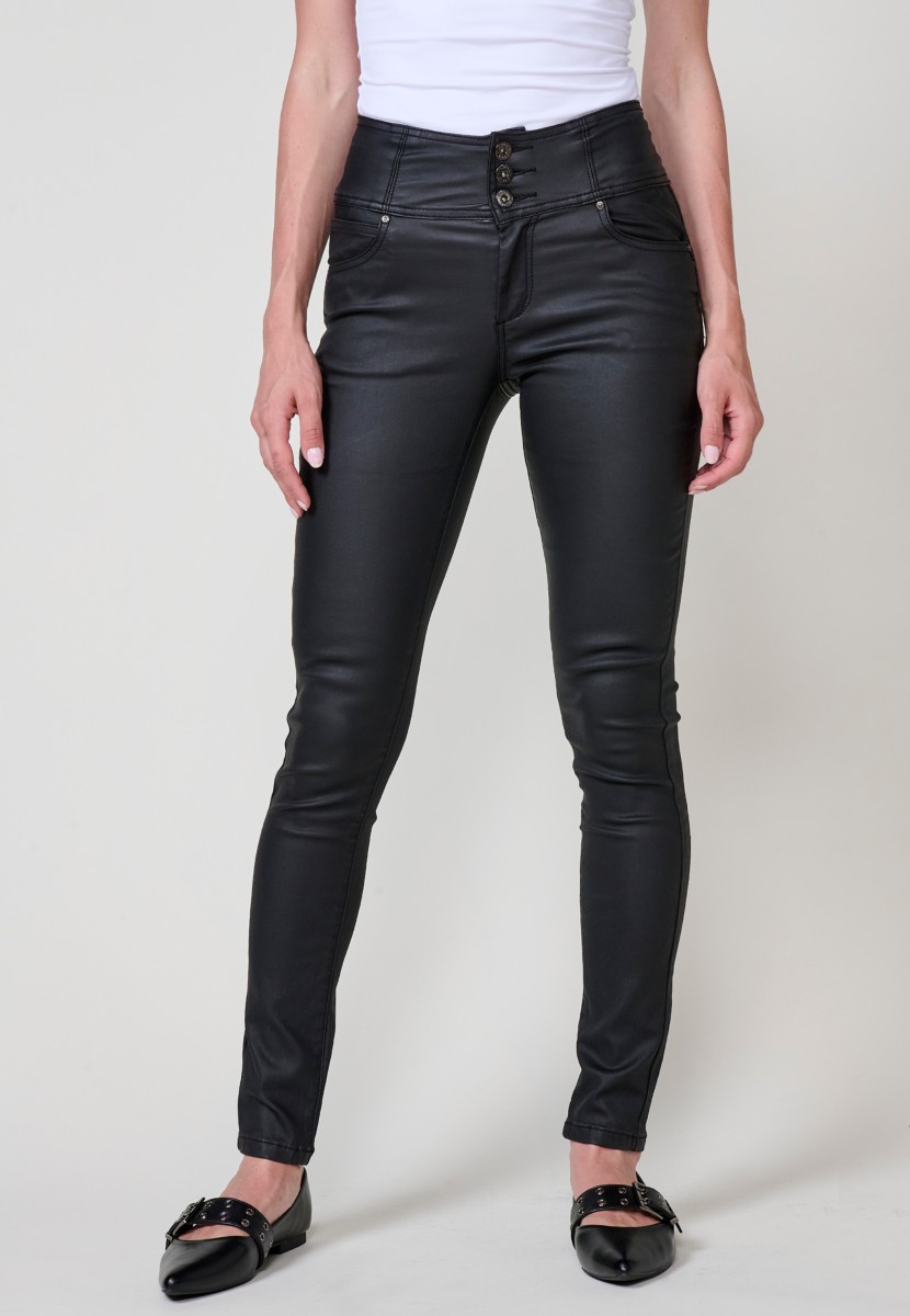 Women’s black high-waisted coated corset slim push up pants with five pockets, zip closure and three metallic buttons.