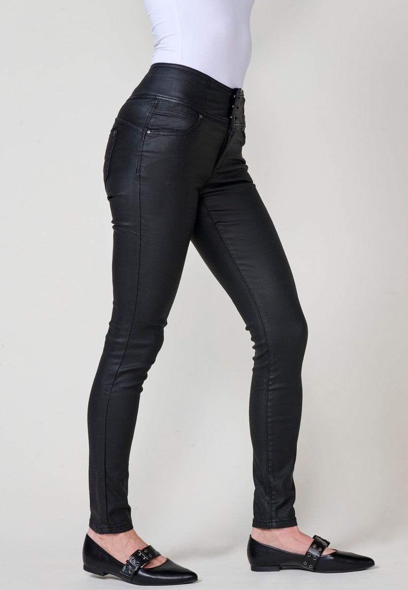 Women’s black high-waisted coated corset slim push up pants with five pockets, zip closure and three metallic buttons.
