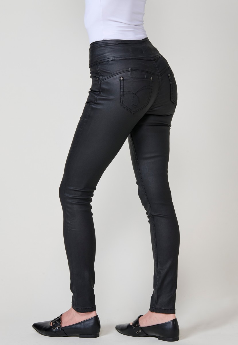 Women’s black high-waisted coated corset slim push up pants with five pockets, zip closure and three metallic buttons.
