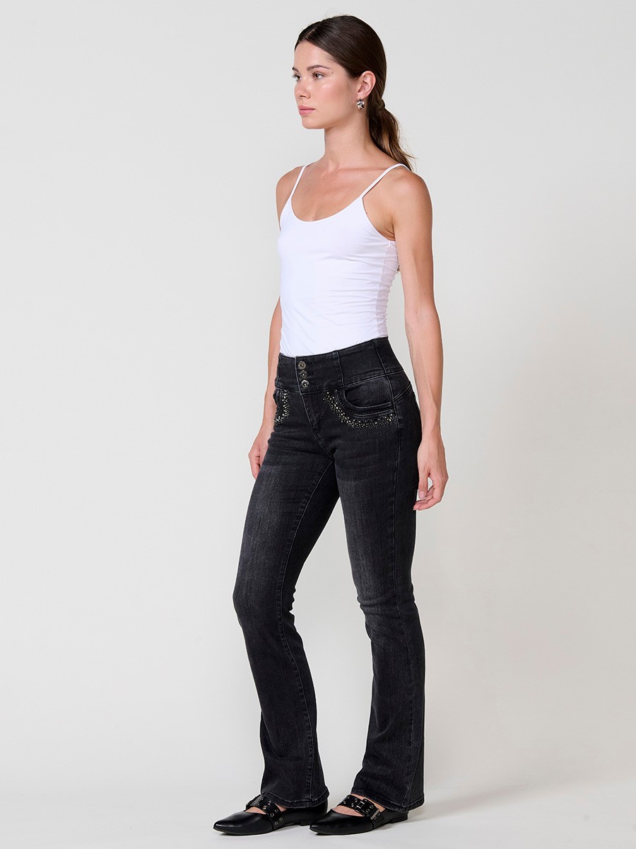 Women’s black corset bootcut jeans with shiny studs and high waist