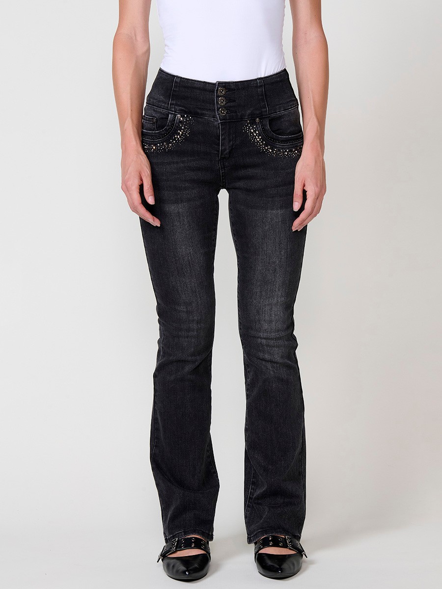 Women’s black corset bootcut jeans with shiny studs and high waist 1