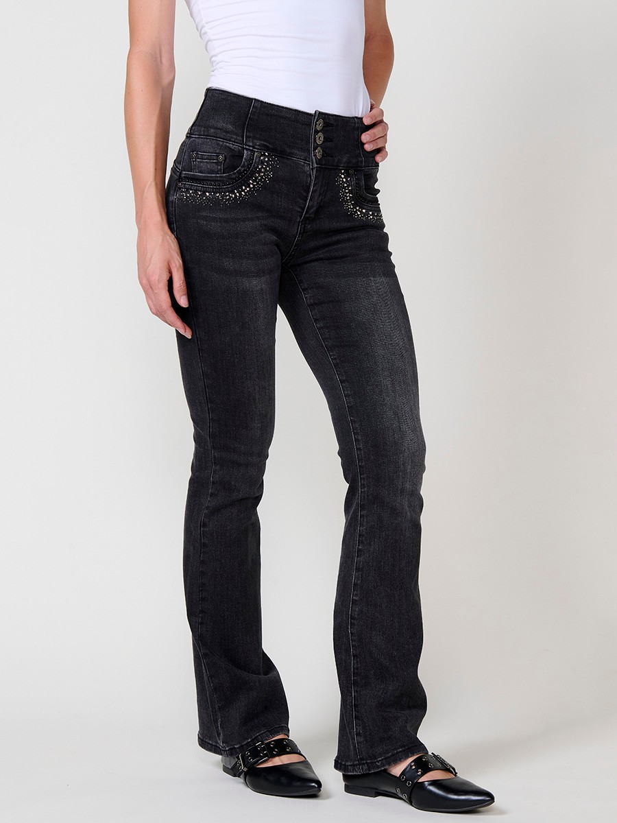 Women’s black corset bootcut jeans with shiny studs and high waist 7