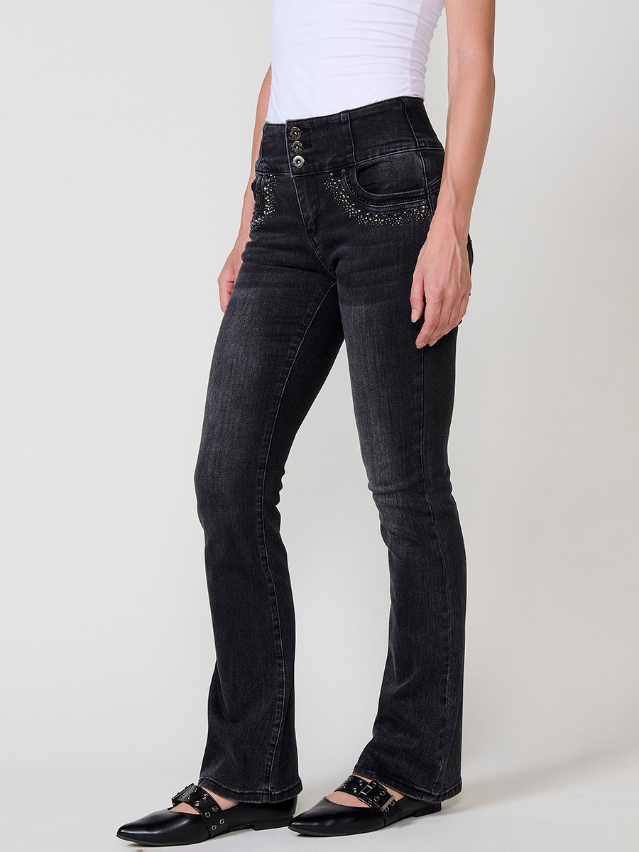 Women’s black corset bootcut jeans with shiny studs and high waist 6