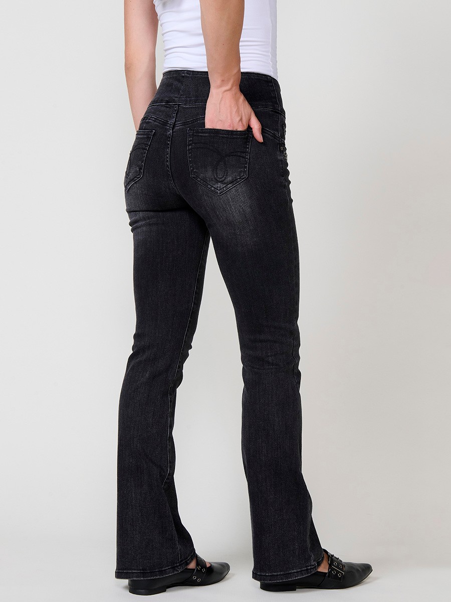 Women’s black corset bootcut jeans with shiny studs and high waist 3