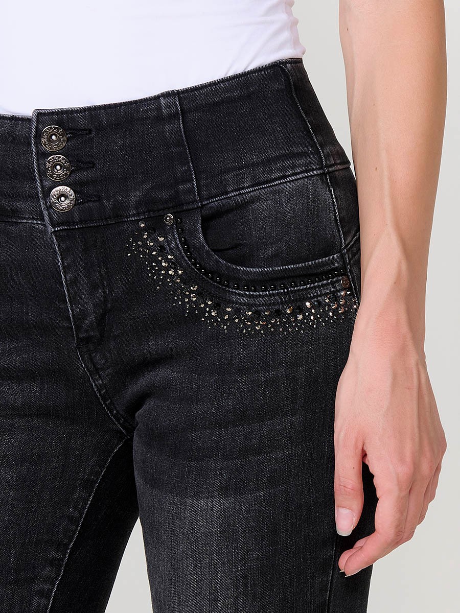 Women’s black corset bootcut jeans with shiny studs and high waist 8