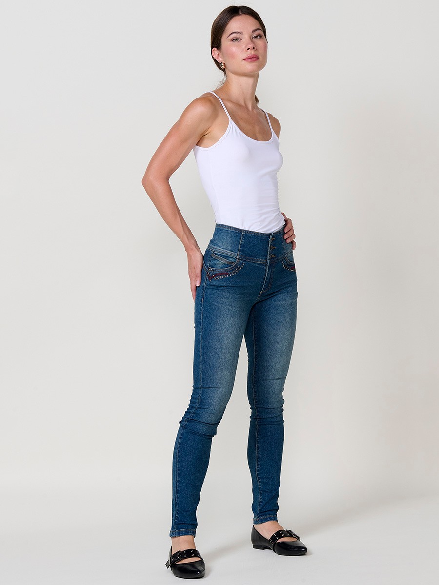 Women’s dark blue corset slim jeans, high-rise waist, five pockets, triple-button closure and studded embroidery on the front.