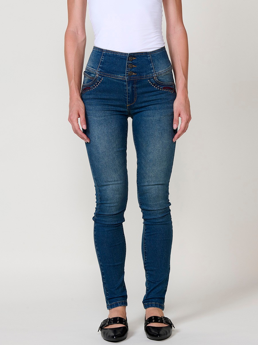 Women’s dark blue corset slim jeans, high-rise waist, five pockets, triple-button closure and studded embroidery on the front.