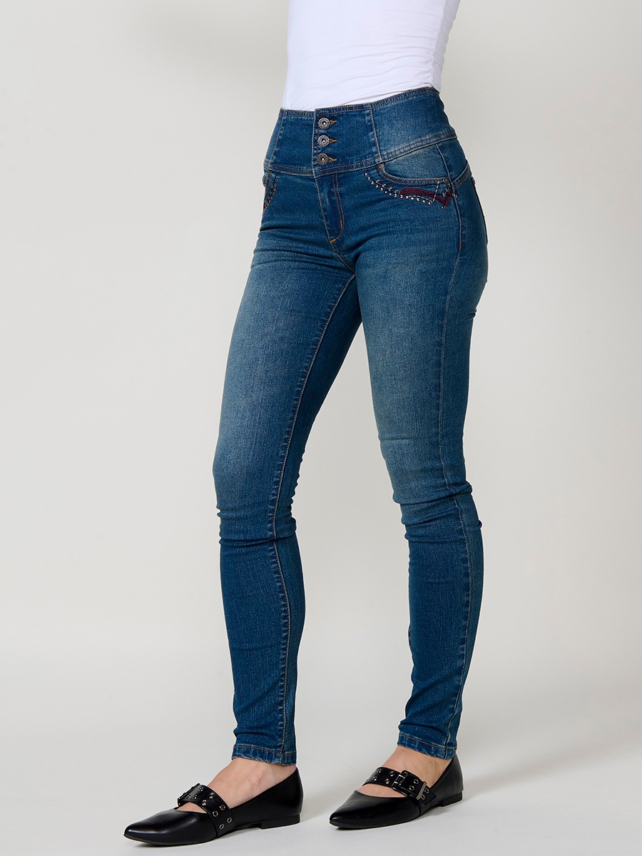 Women’s dark blue corset slim jeans, high-rise waist, five pockets, triple-button closure and studded embroidery on the front.