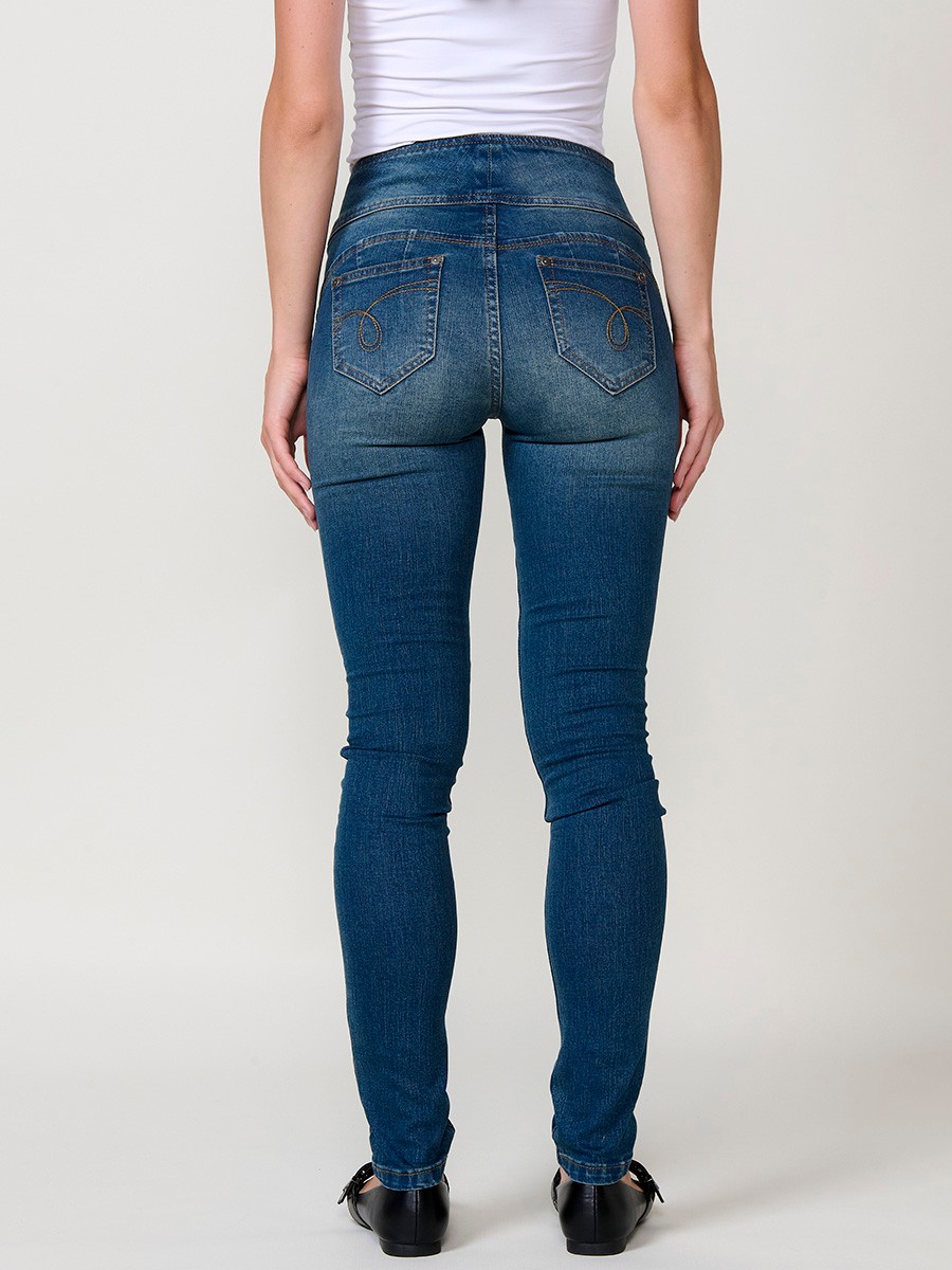 Women’s dark blue corset slim jeans, high-rise waist, five pockets, triple-button closure and studded embroidery on the front.