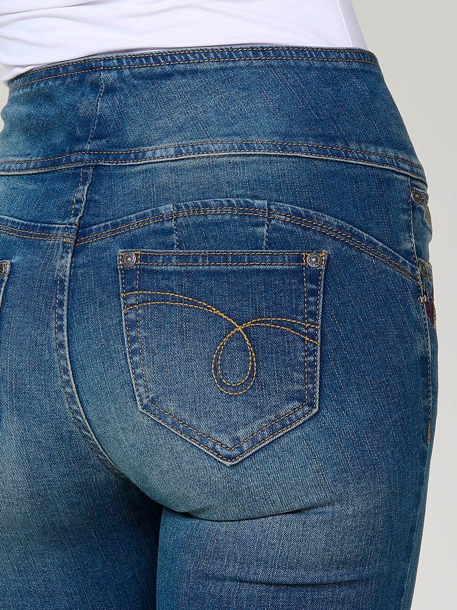 Women’s dark blue corset slim jeans, high-rise waist, five pockets, triple-button closure and studded embroidery on the front.