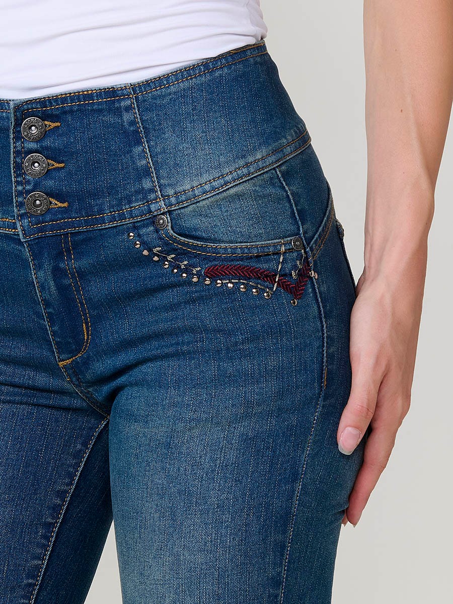 Women’s dark blue corset slim jeans, high-rise waist, five pockets, triple-button closure and studded embroidery on the front.