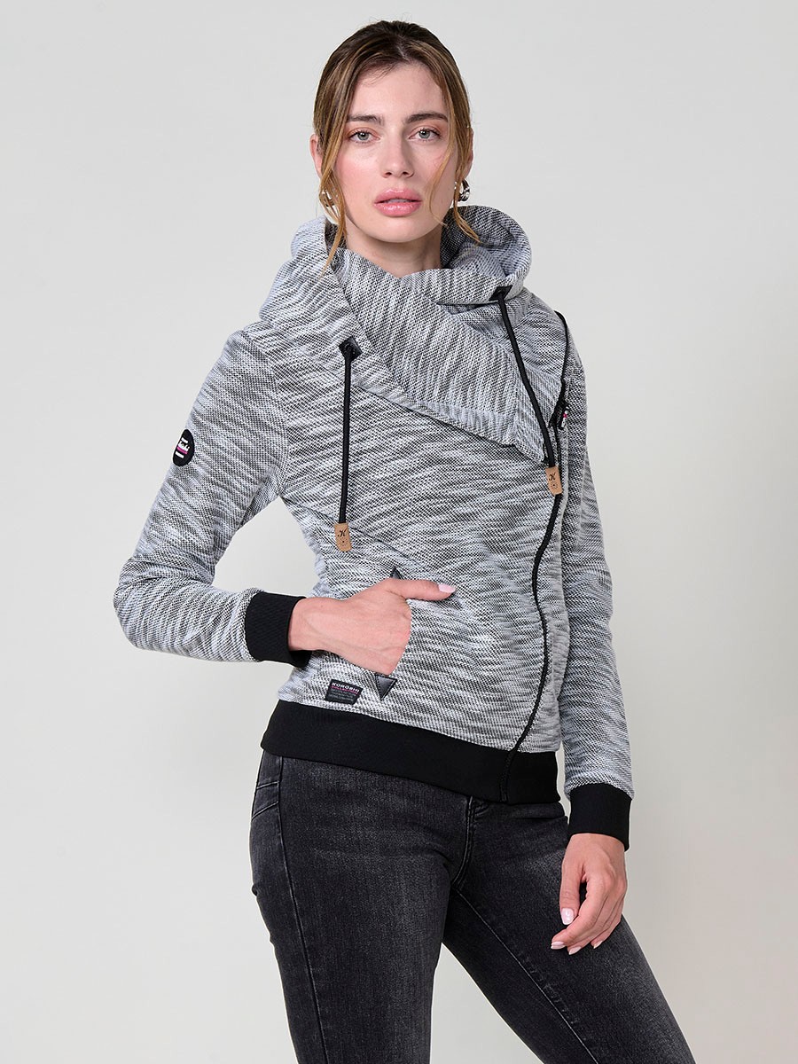 Sudadera abierta de mujer con capucha, tejido doble cara felpa estampada y polar interior, cremallera diagonal con tirador efecto piel. 6