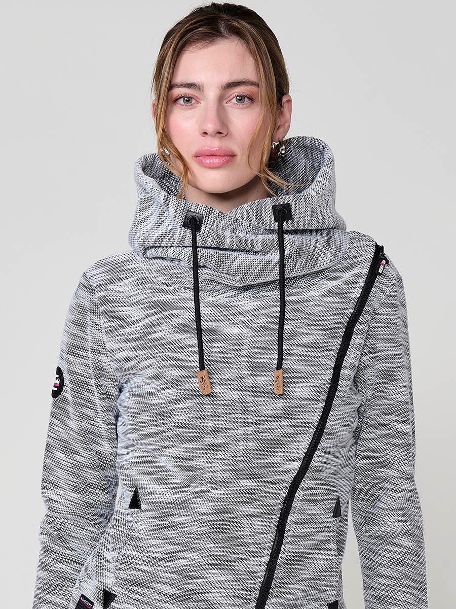 Sudadera abierta de mujer con capucha, tejido doble cara felpa estampada y polar interior, cremallera diagonal con tirador efecto piel. 3