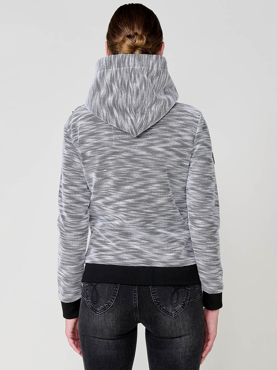 Sudadera abierta de mujer con capucha, tejido doble cara felpa estampada y polar interior, cremallera diagonal con tirador efecto piel. 8