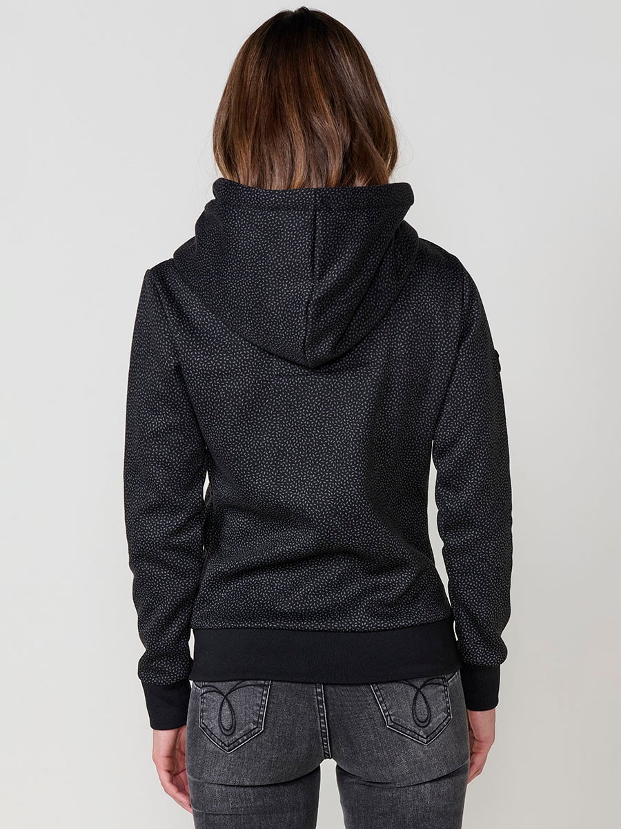 Women’s open hoodie with double-face fabric, printed fleece exterior, polar lining, diagonal zip with black Koröshi faux leather puller.