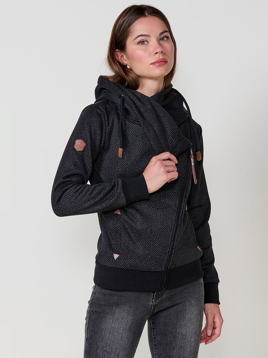 Women’s open hoodie with double-face fabric, printed fleece exterior, polar lining, diagonal zip with black Koröshi faux leather puller.