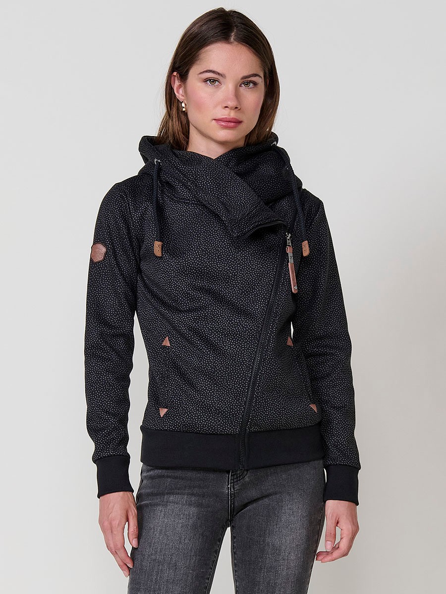 Women’s open hoodie with double-face fabric, printed fleece exterior, polar lining, diagonal zip with black Koröshi faux leather puller.