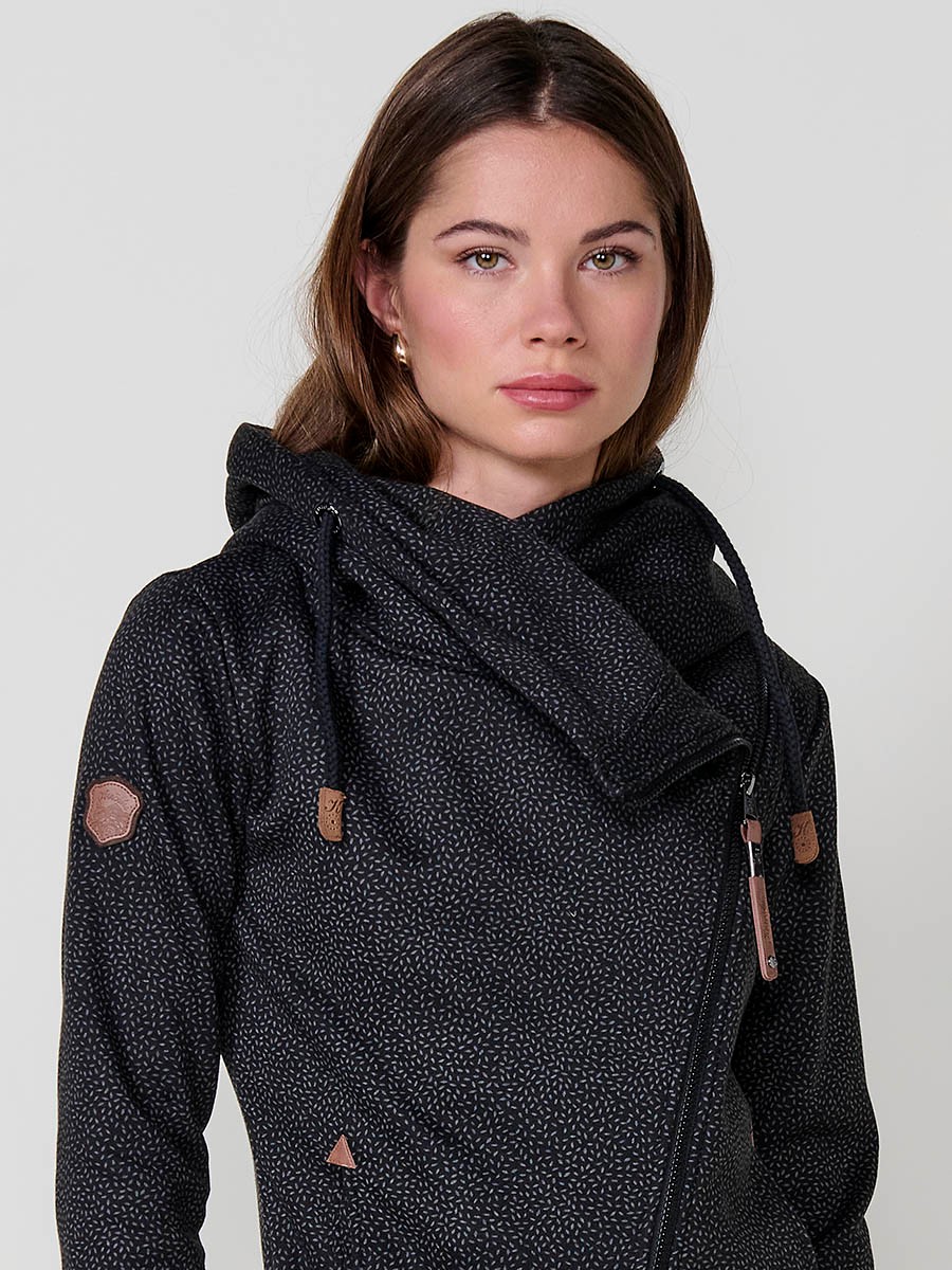 Women’s open hoodie with double-face fabric, printed fleece exterior, polar lining, diagonal zip with black Koröshi faux leather puller.