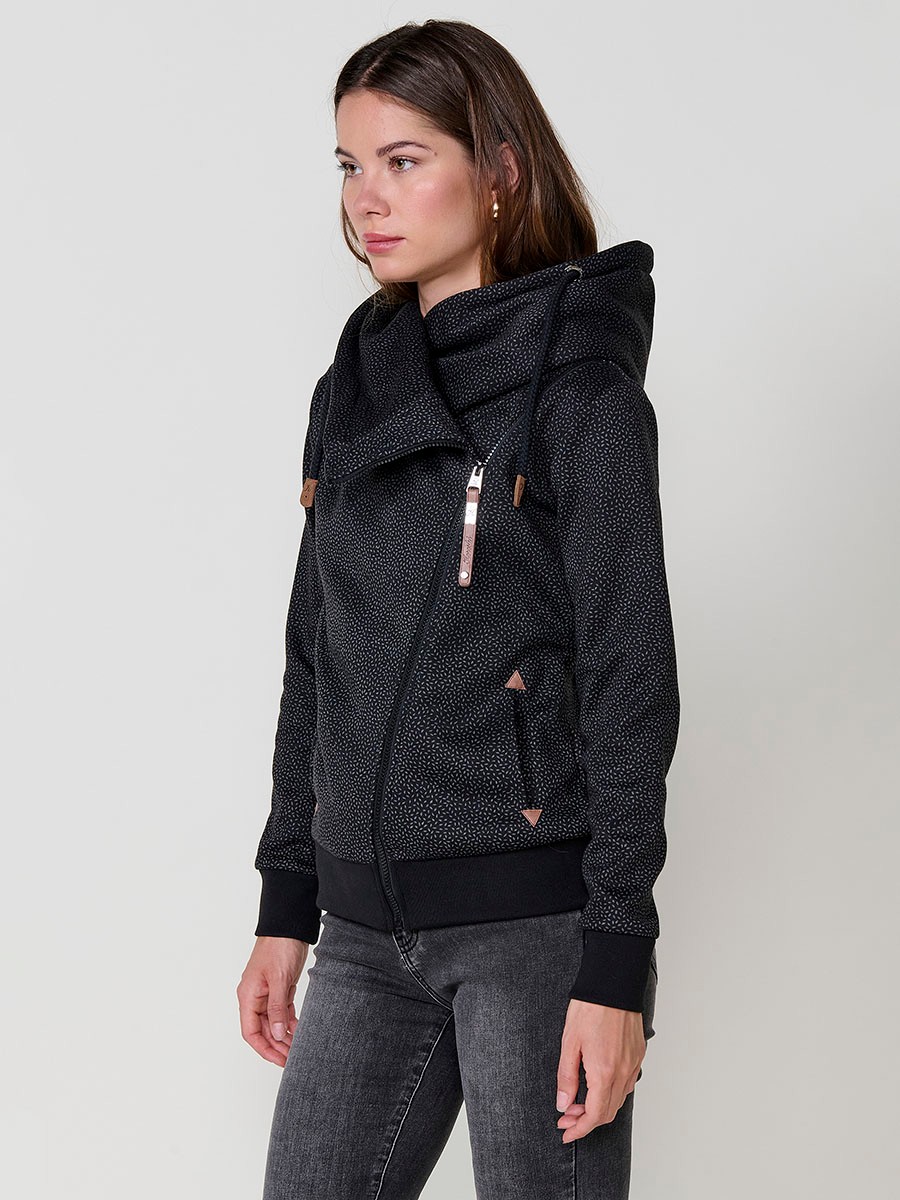 Women’s open hoodie with double-face fabric, printed fleece exterior, polar lining, diagonal zip with black Koröshi faux leather puller.