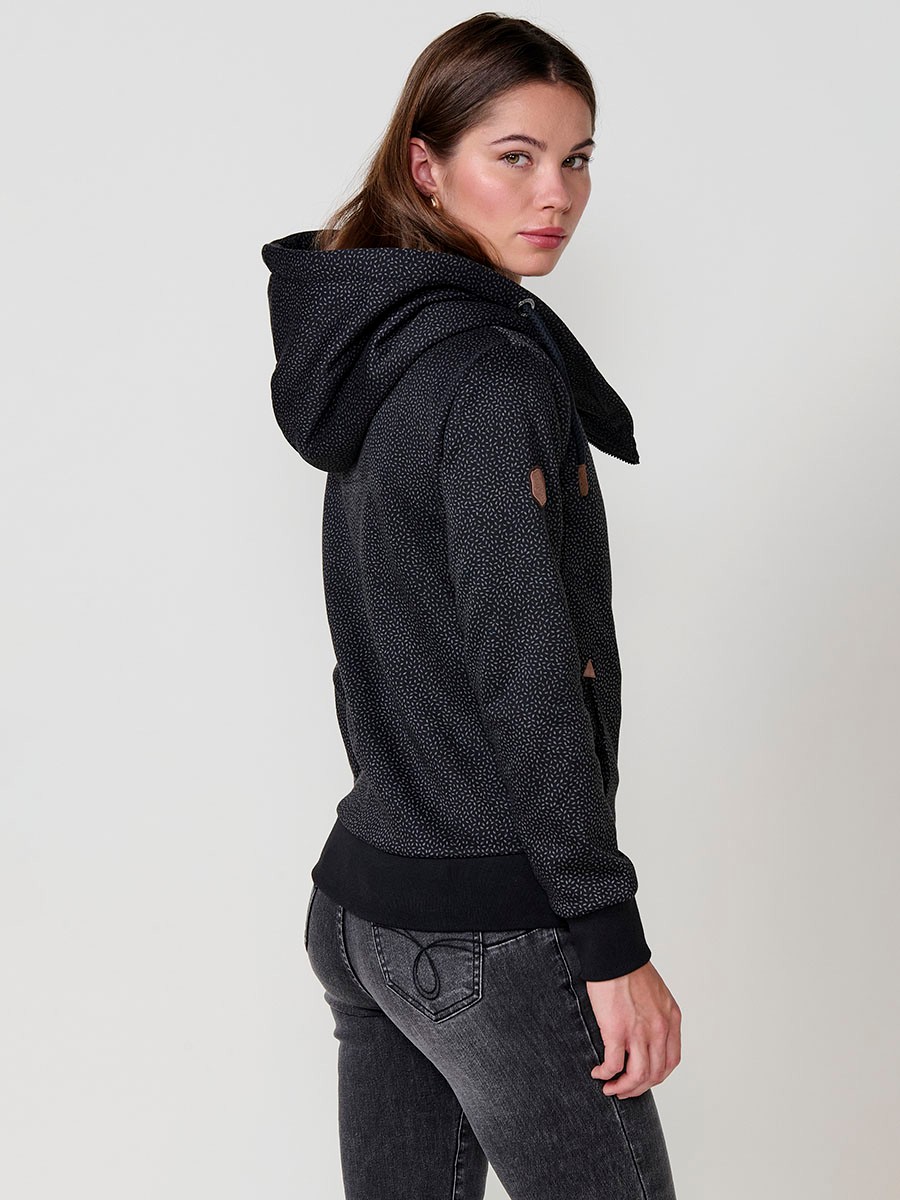 Women’s open hoodie with double-face fabric, printed fleece exterior, polar lining, diagonal zip with black Koröshi faux leather puller.