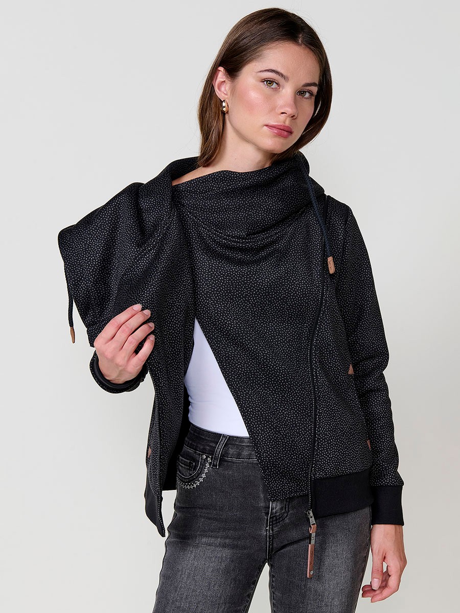 Women’s open hoodie with double-face fabric, printed fleece exterior, polar lining, diagonal zip with black Koröshi faux leather puller.