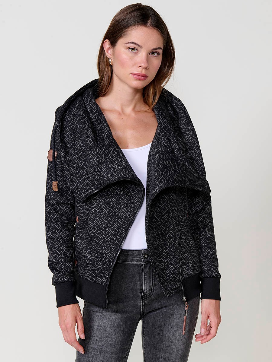 Women’s open hoodie with double-face fabric, printed fleece exterior, polar lining, diagonal zip with black Koröshi faux leather puller.