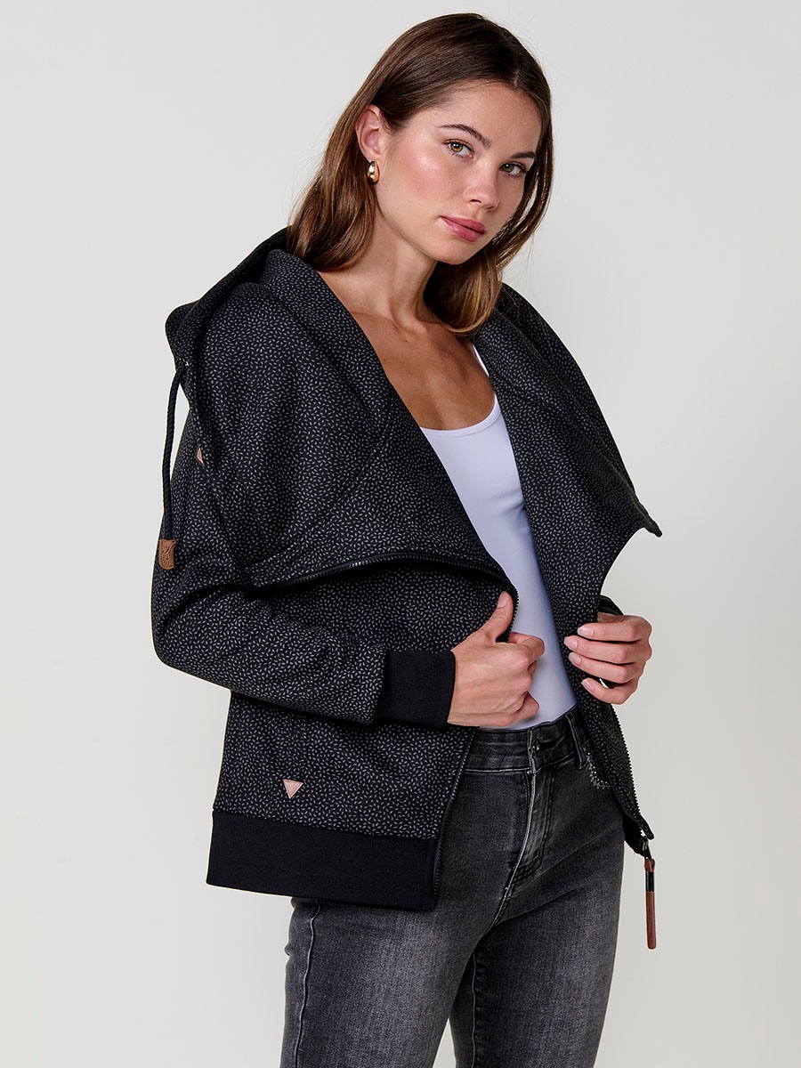 Women’s open hoodie with double-face fabric, printed fleece exterior, polar lining, diagonal zip with black Koröshi faux leather puller.