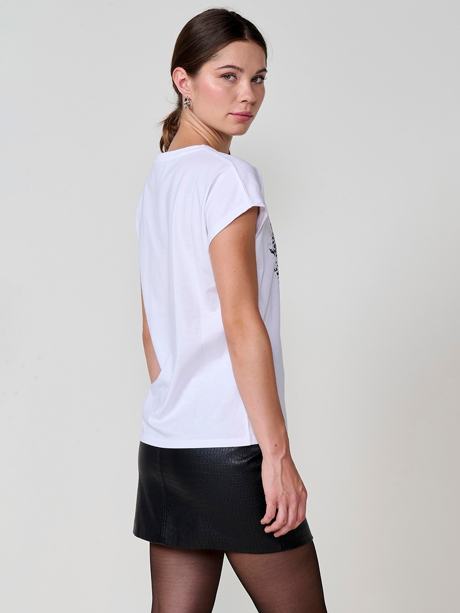 Women’s white cotton T-shirt with animal print and shiny details 7