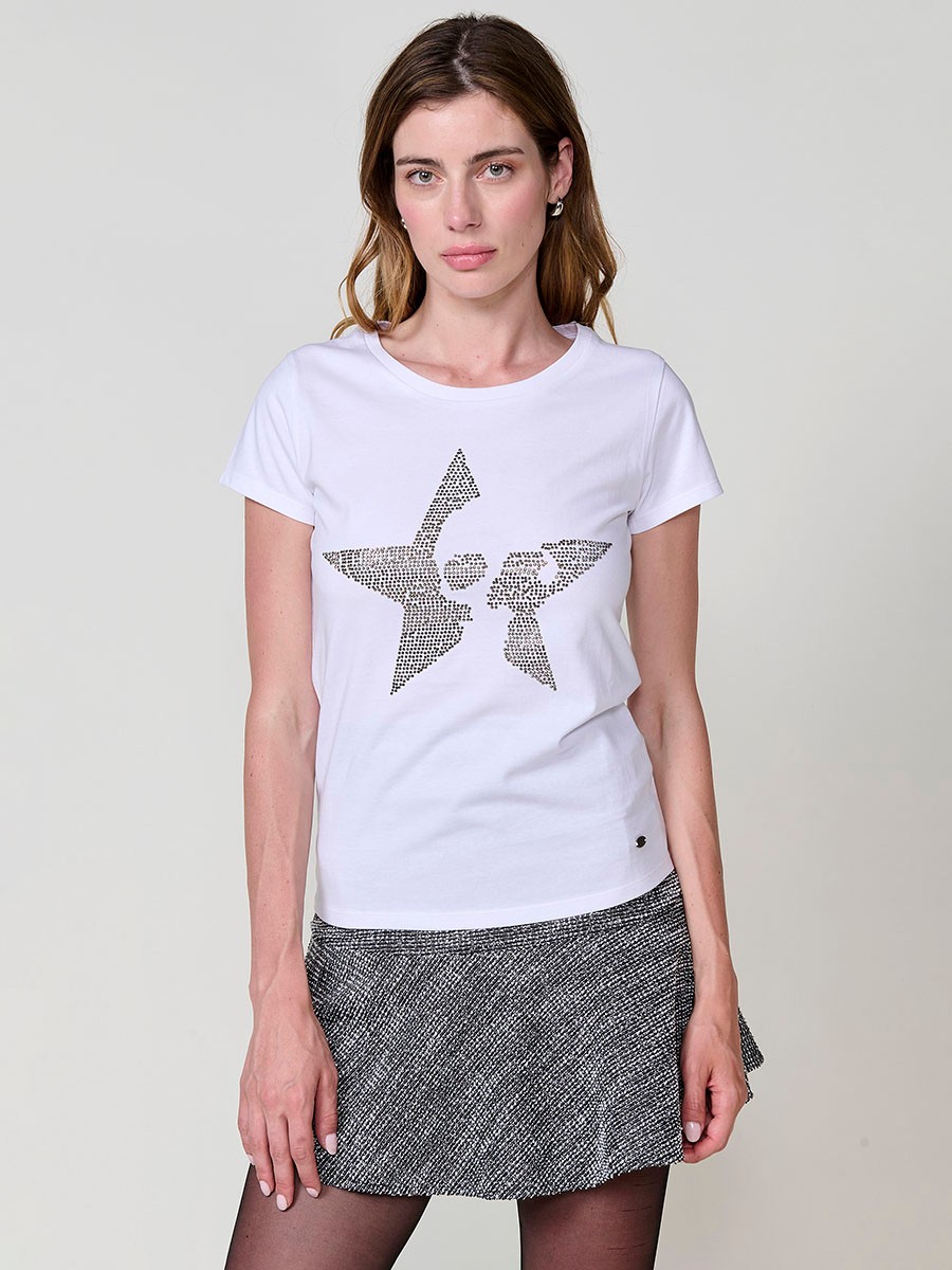Camiseta blanca mujer algodón manga corta con estrellas brillantes