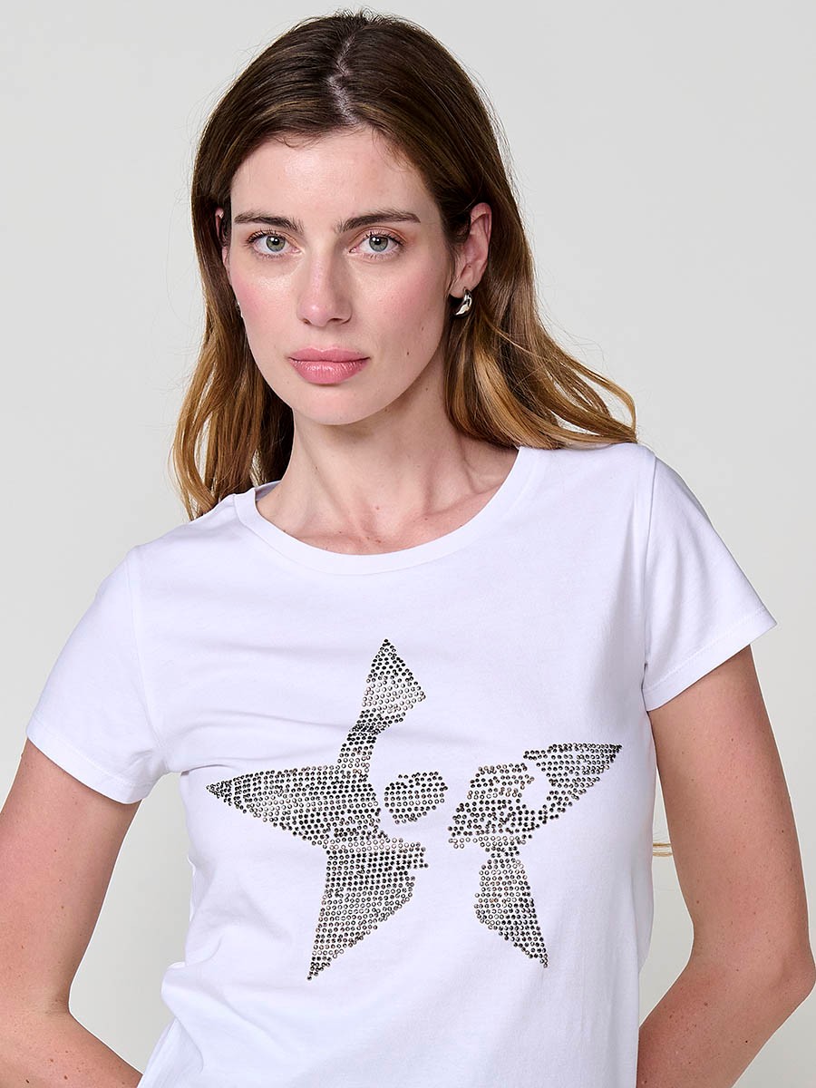 Camiseta blanca mujer algodón manga corta con estrellas brillantes