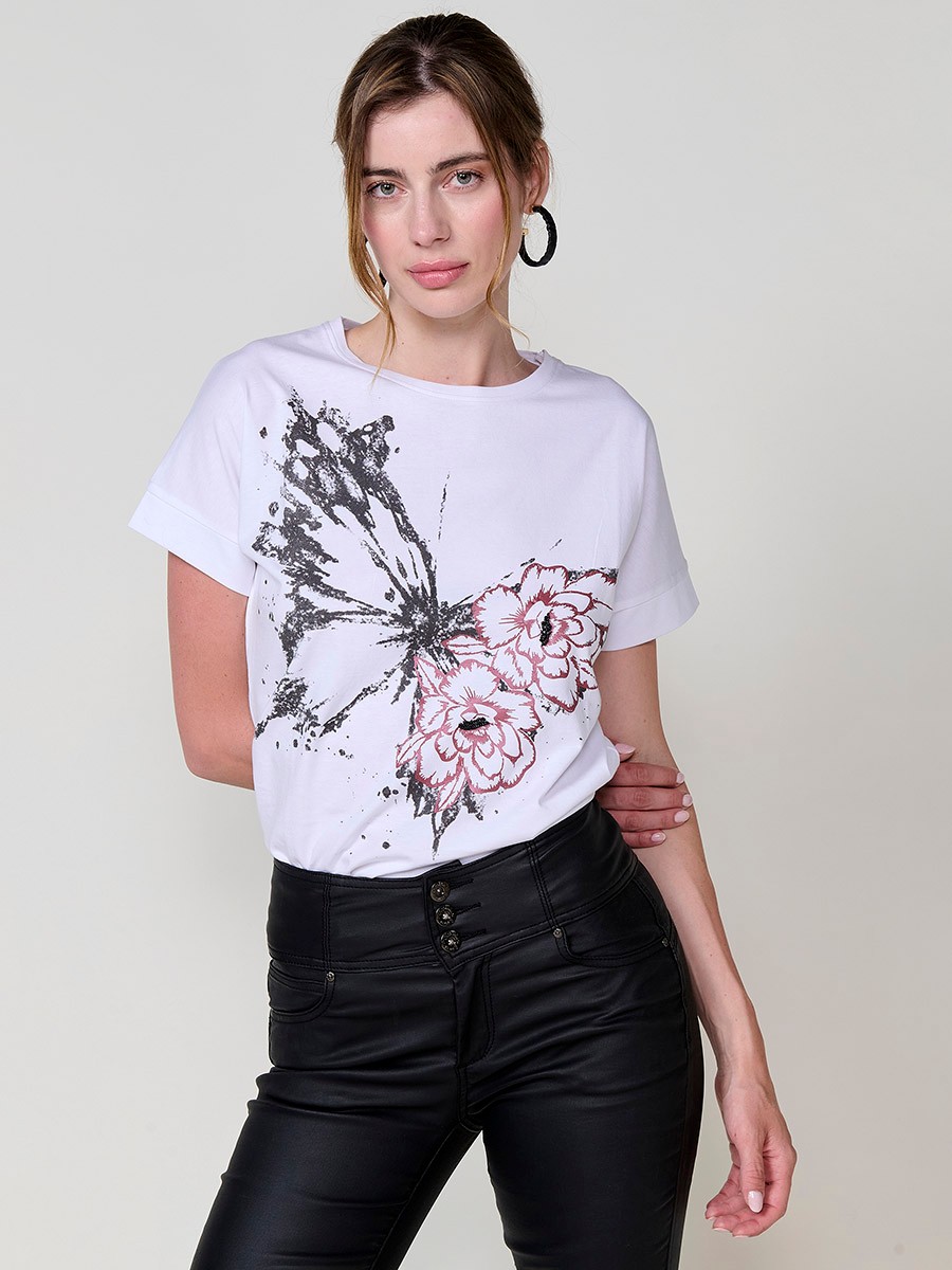 Camiseta blanca mujer algodón con mariposa, flor foil y abalorios