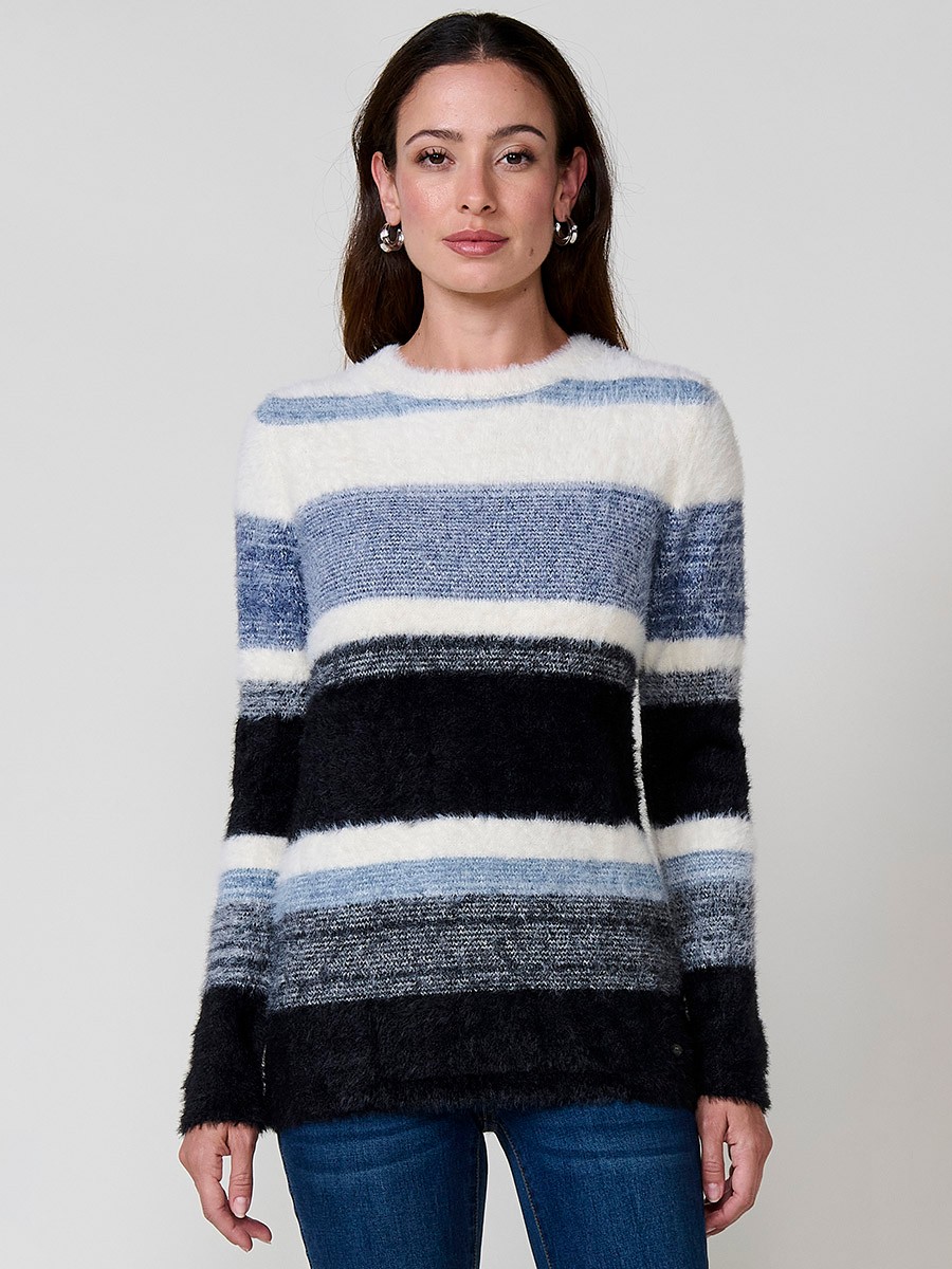 Jersey azul mujer de punto con pelo suave y rayas en tonos a juego