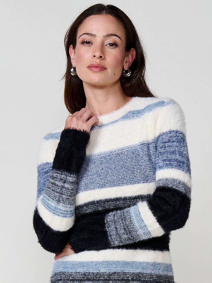 Jersey azul mujer de punto con pelo suave y rayas en tonos a juego