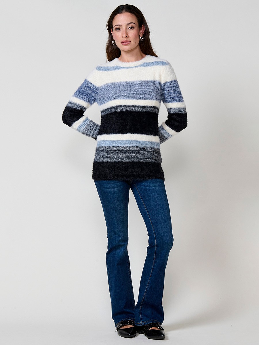 Jersey azul mujer de punto con pelo suave y rayas en tonos a juego