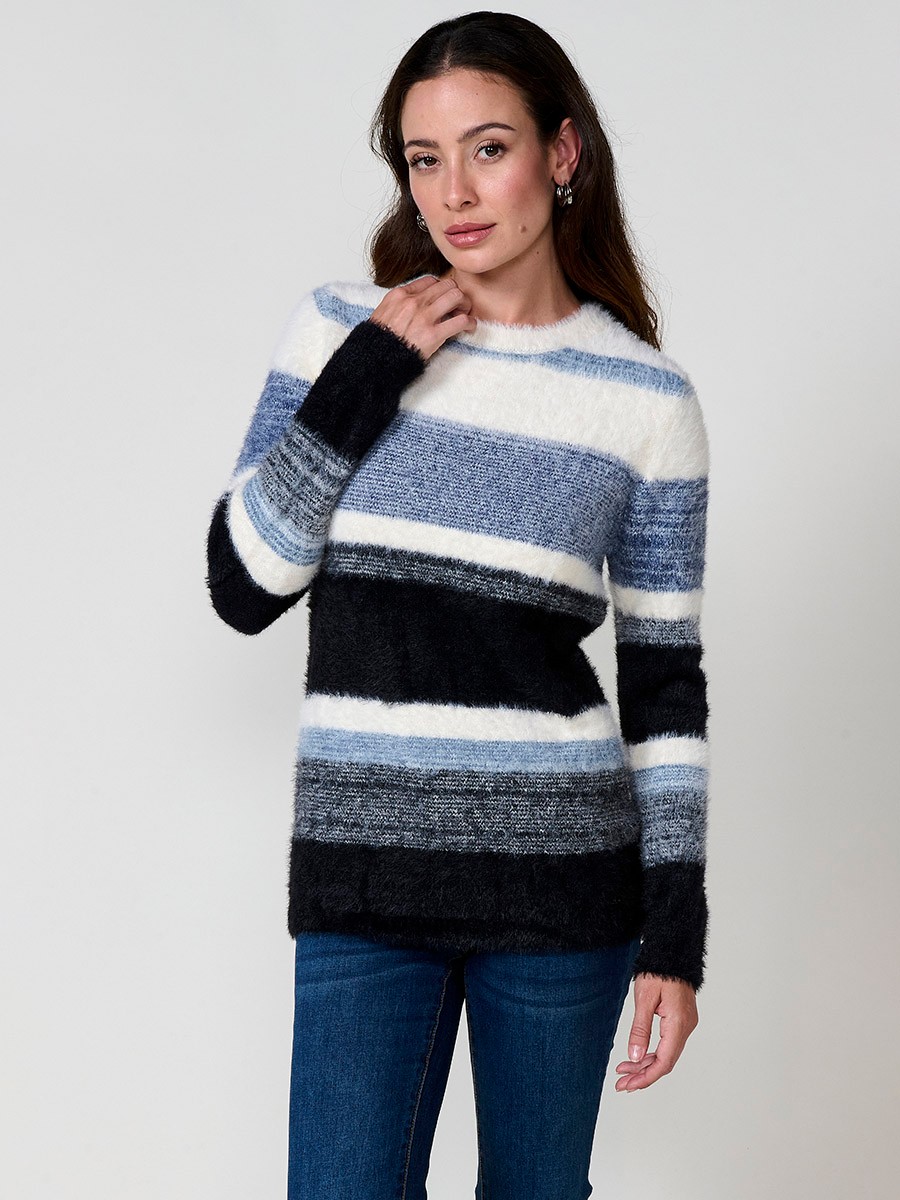 Jersey azul mujer de punto con pelo suave y rayas en tonos a juego