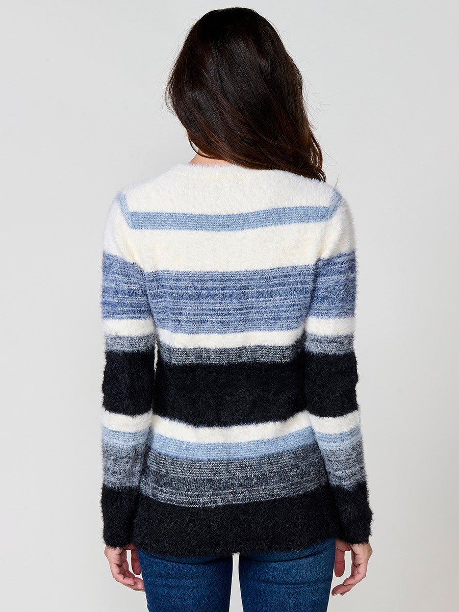 Jersey azul mujer de punto con pelo suave y rayas en tonos a juego