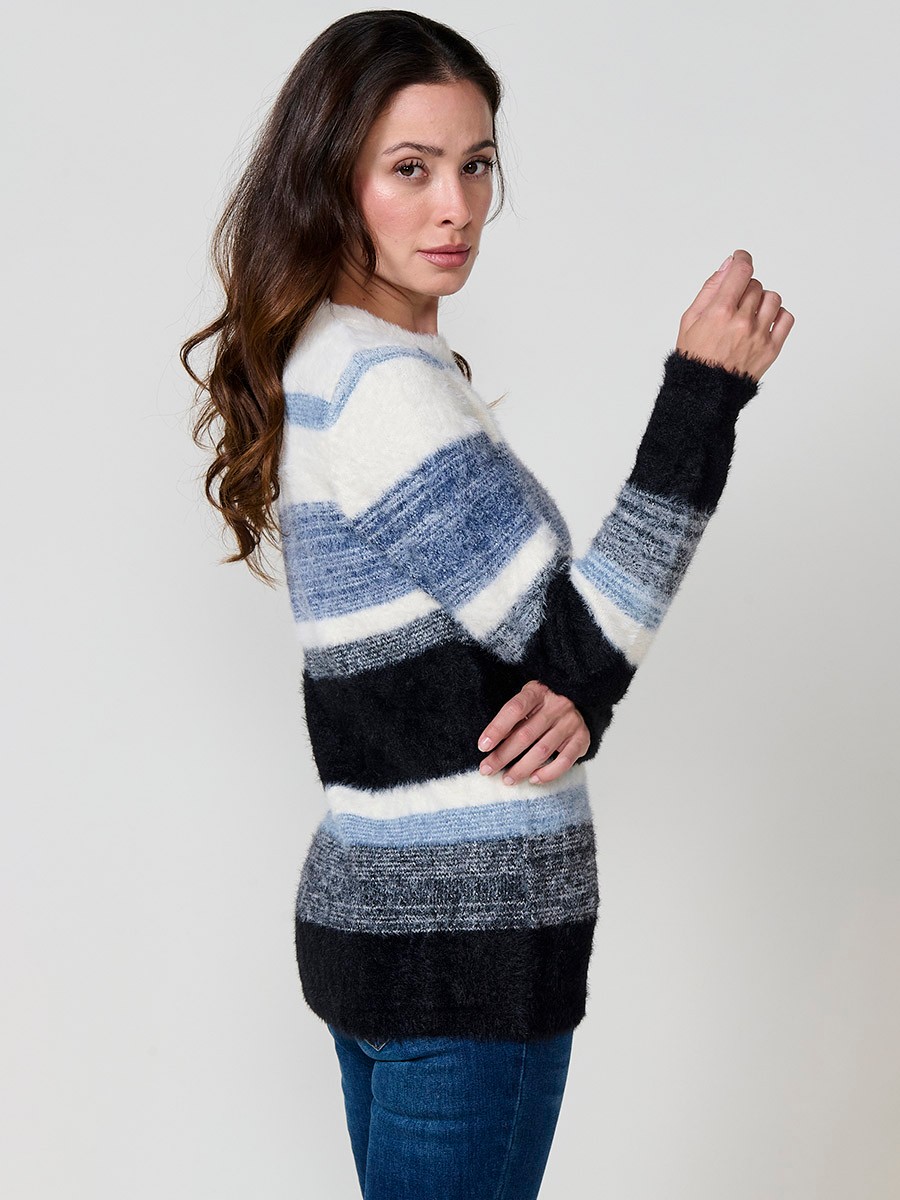 Jersey azul mujer de punto con pelo suave y rayas en tonos a juego