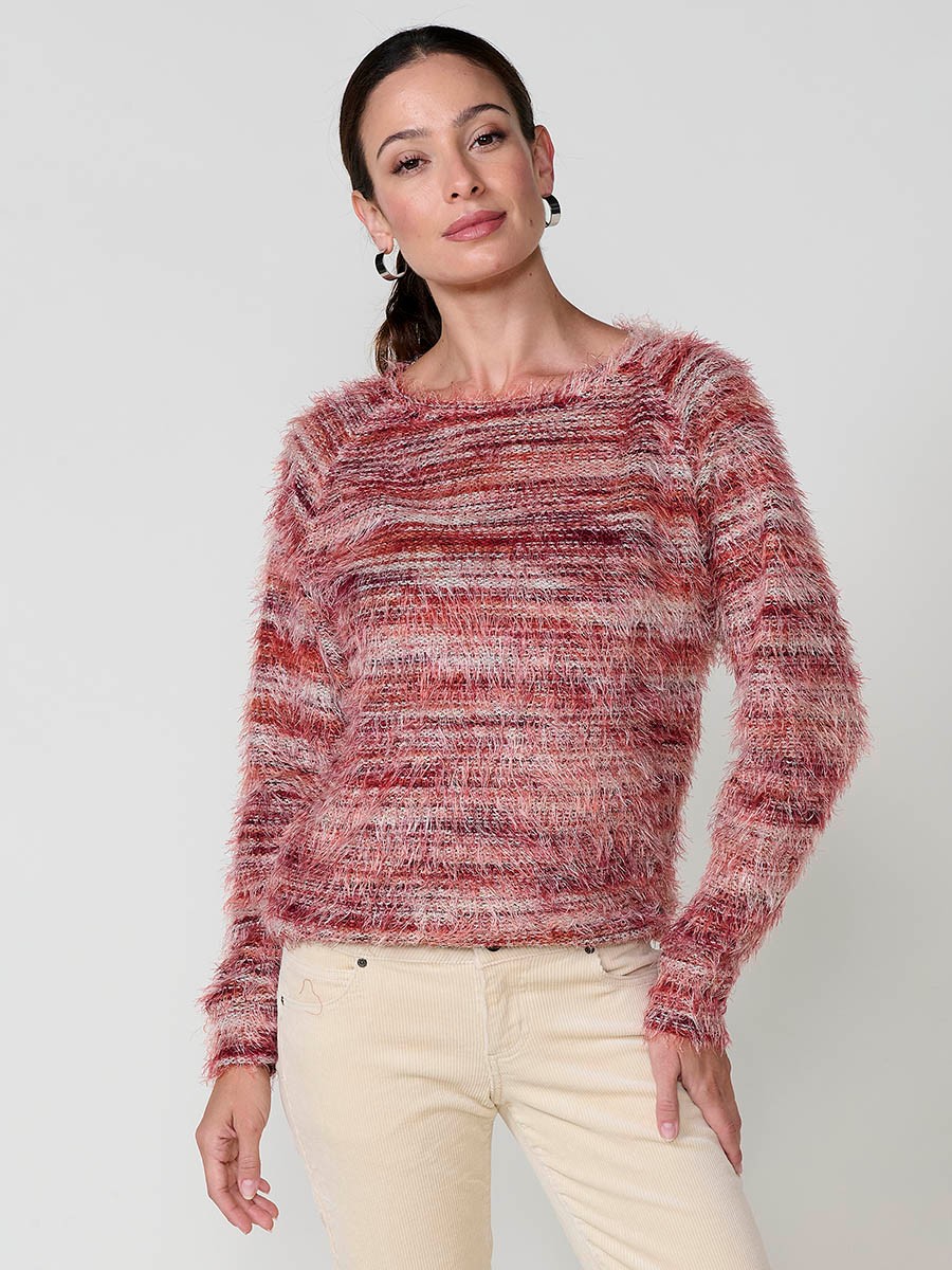 Jersey de punto con tacto efecto pelo para mujer, multicolor, manga larga y escote redondo. Detalle de placa metálica con logo Koröshi.