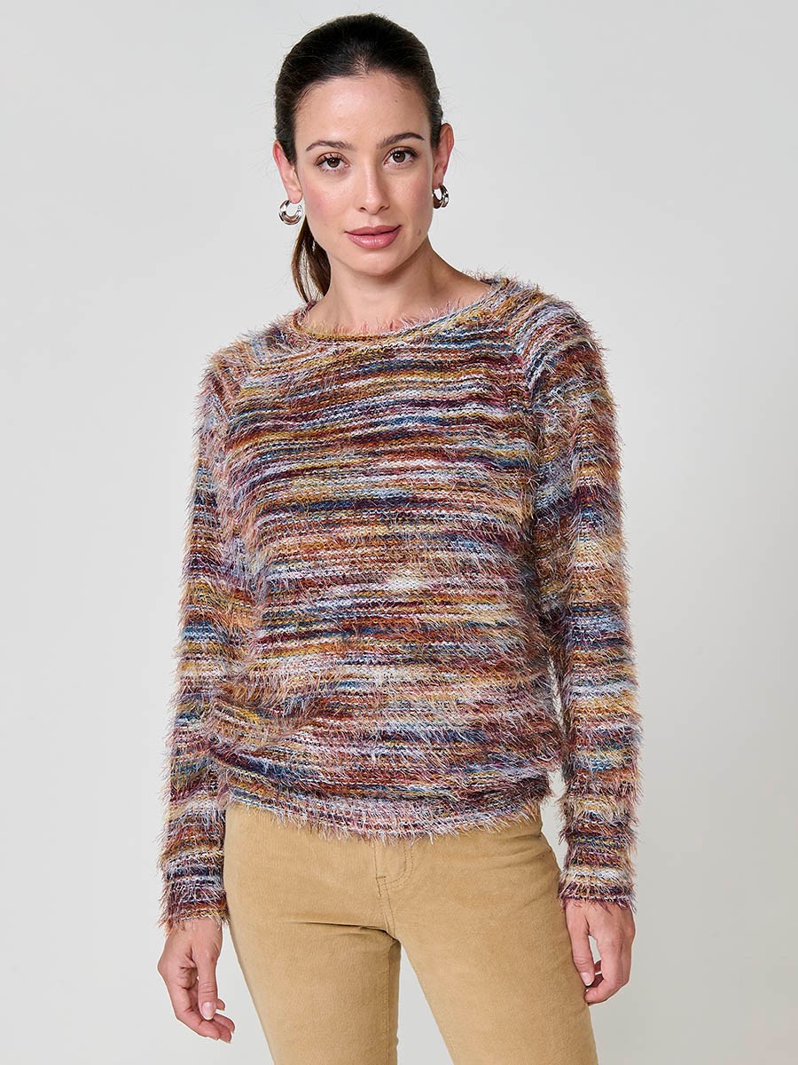 Jersey multicolor de punto para mujer con tacto efecto pelo, escote redondo y manga larga. Detalle de placa metálica con logo Koröshi.