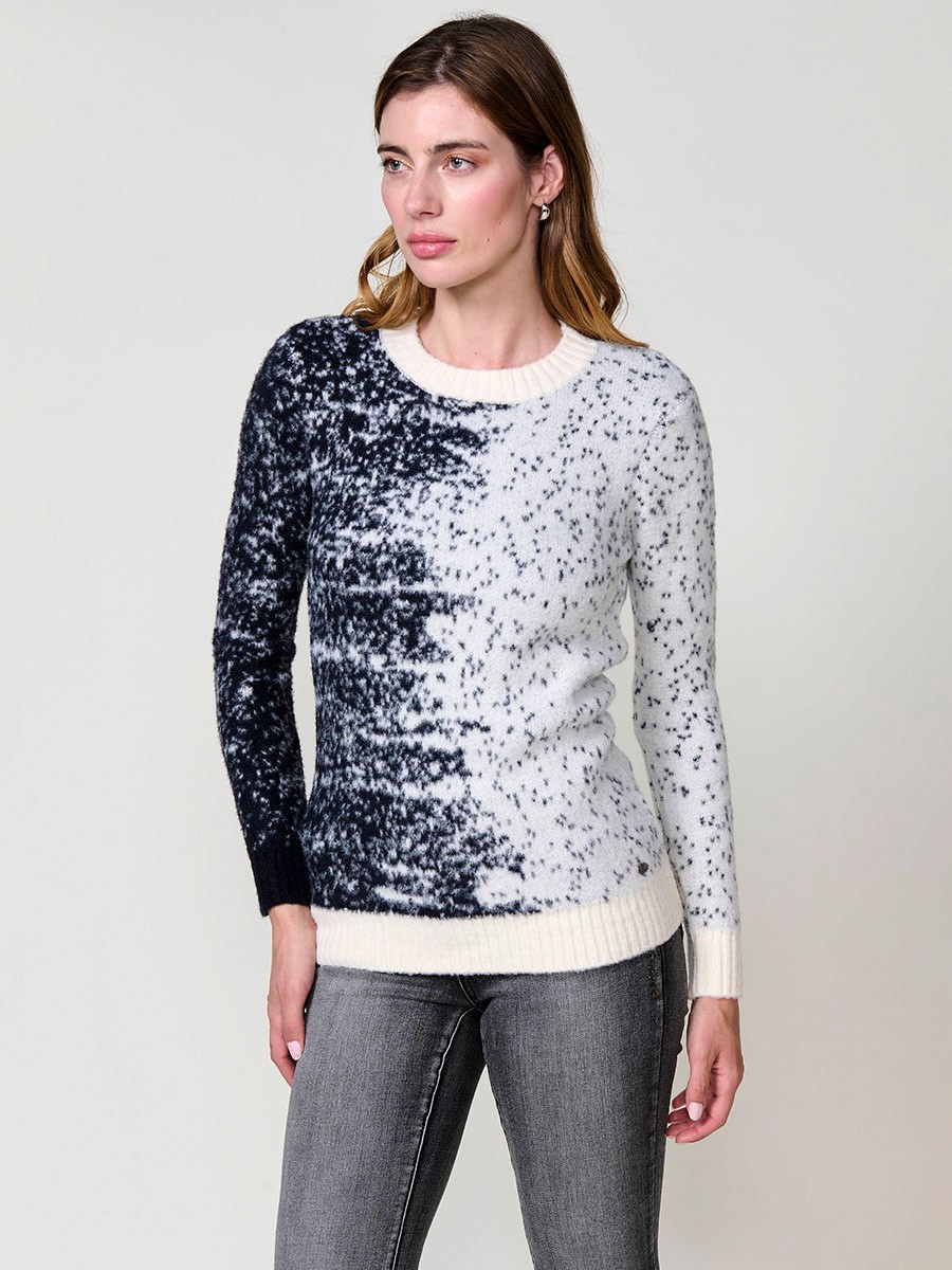 Pull bicolore femme noir en maille douce avec col rond