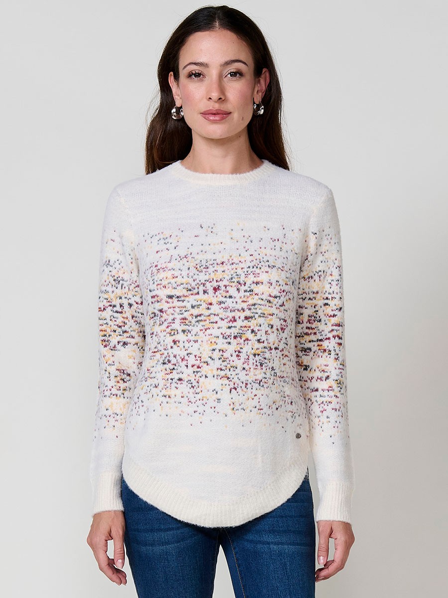 Women’s white soft knit sweater with jacquard pattern and rounded hem 1