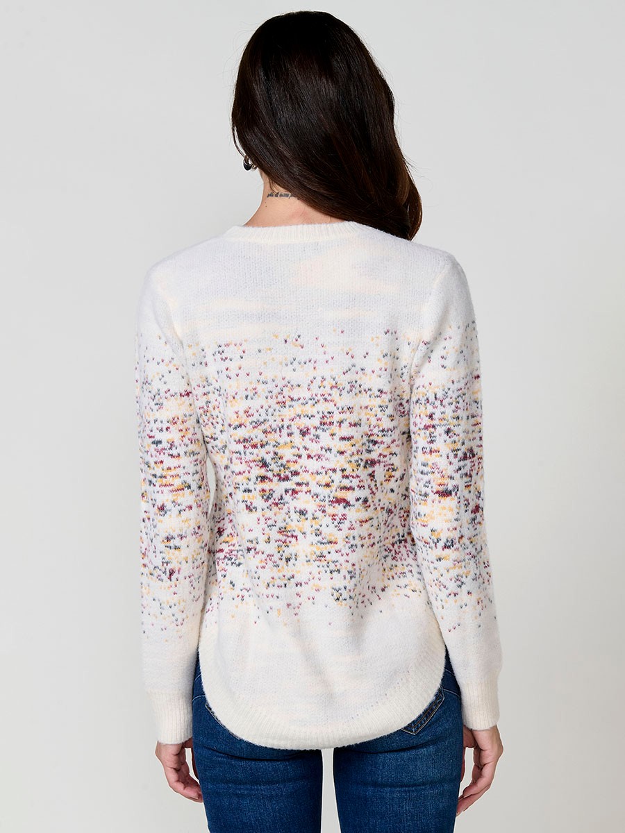 Women’s white soft knit sweater with jacquard pattern and rounded hem 4