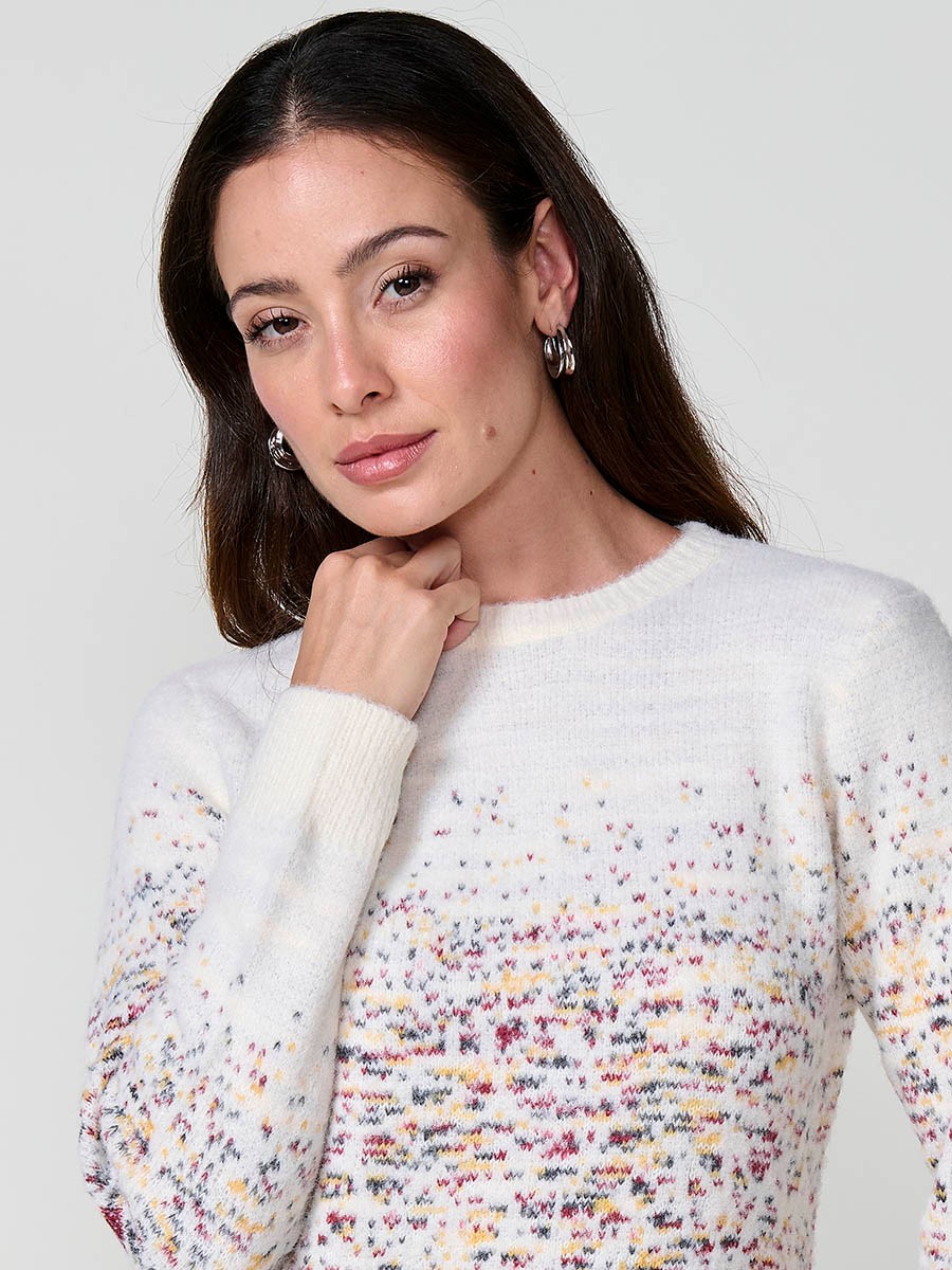 Women’s white soft knit sweater with jacquard pattern and rounded hem 5