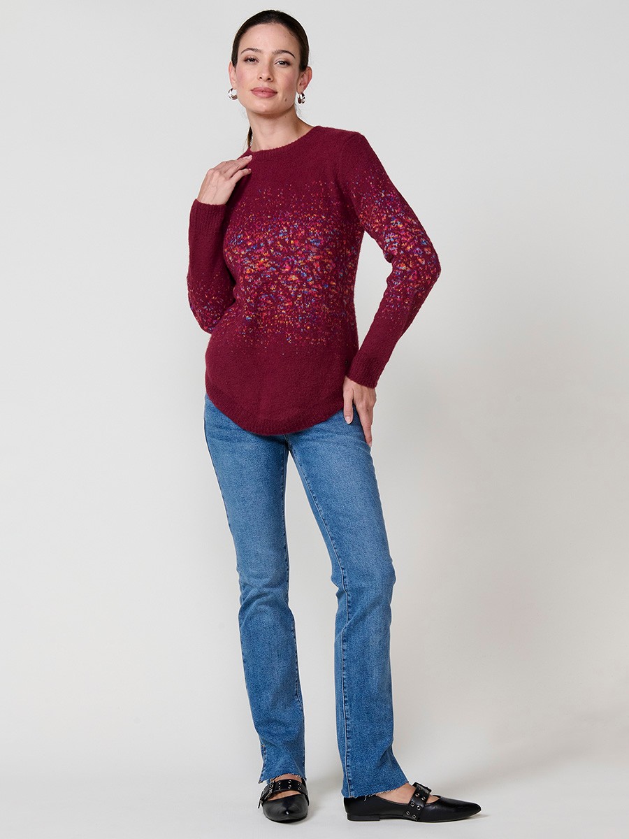 Damenpullover Bordeaux mit Jacquardmuster, weichem Griff und abgerundetem Saum 1