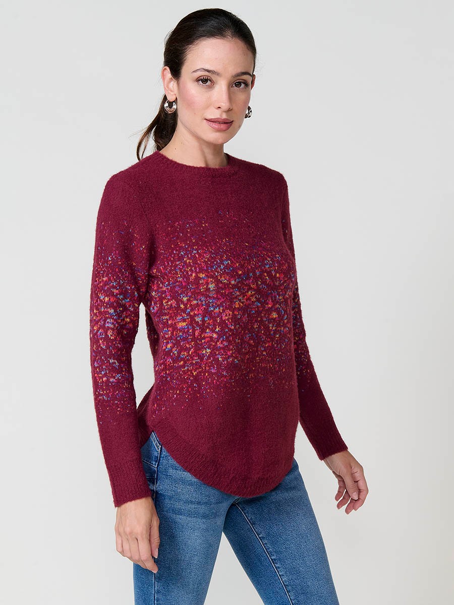 Damenpullover Bordeaux mit Jacquardmuster, weichem Griff und abgerundetem Saum 6