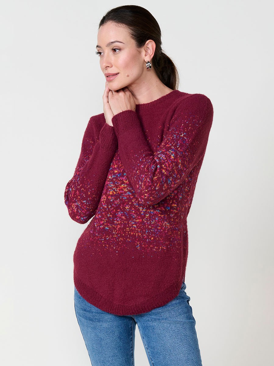 Damenpullover Bordeaux mit Jacquardmuster, weichem Griff und abgerundetem Saum 7