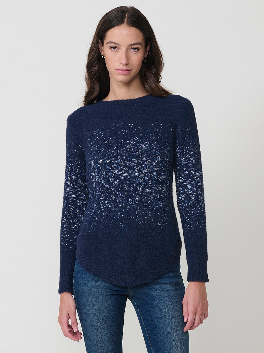 Jersey de punto con tacto suave para mujer, escote redondo, manga larga, bajo redondeado y dibujo jacquard.
